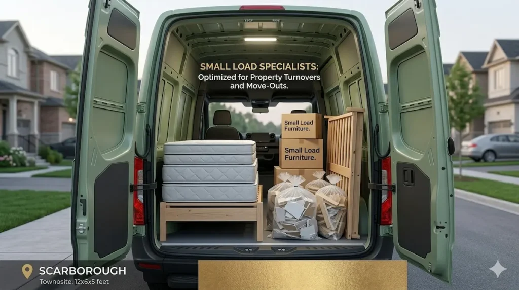 Small Load Junk Removal GTA | Open cargo van packed with mattress and items for property turnover in Scarborough.